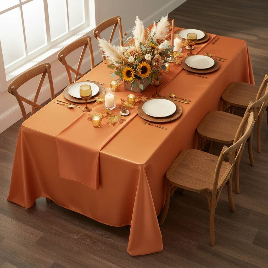 Satin Rectangular 90"x132" Tablecloth - Burnt Orange - Image 3