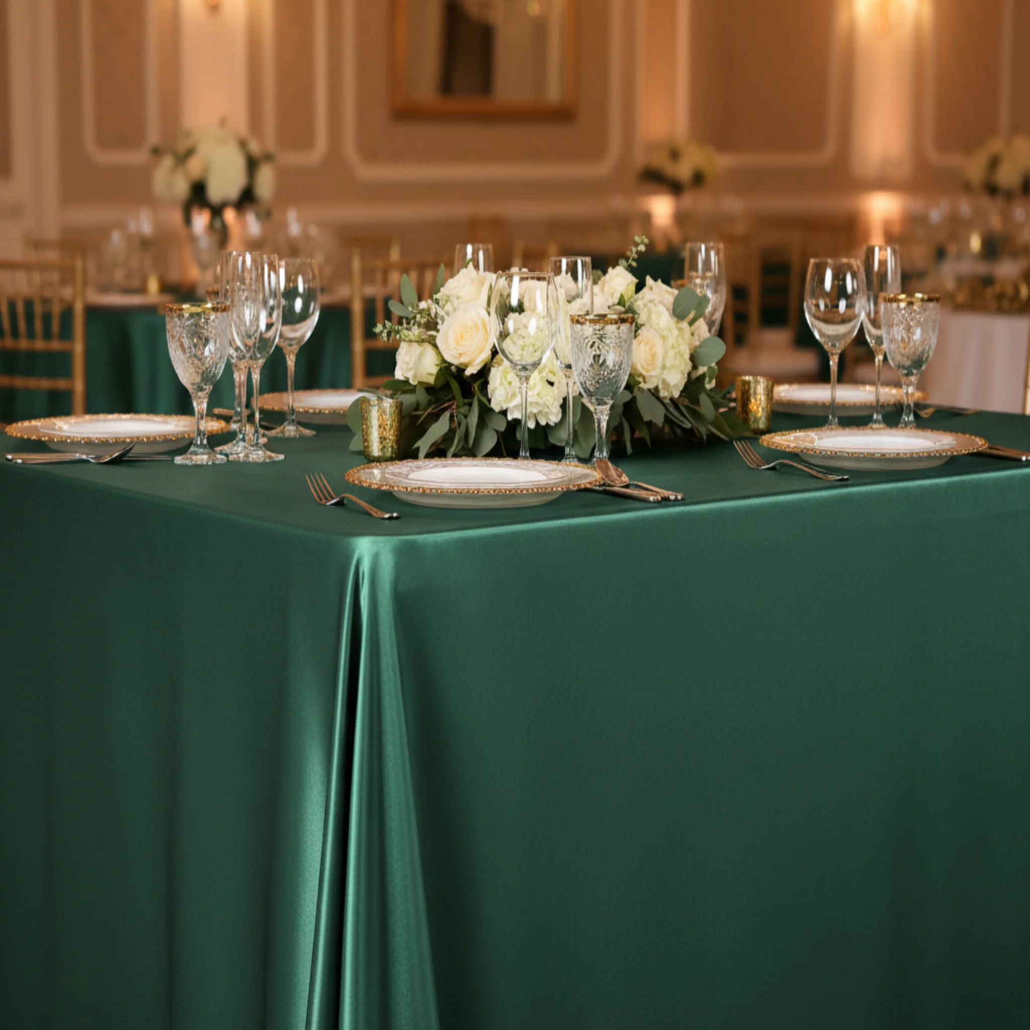 Satin Rectangular 90"x132" Tablecloth - Emerald Green - Image 3