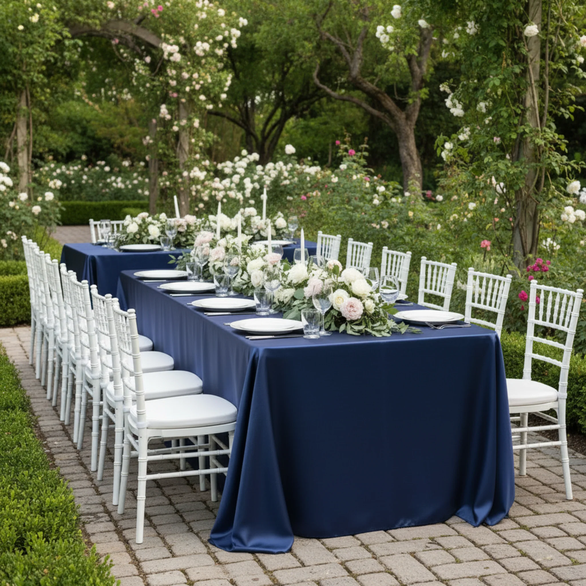 Satin Rectangular 90"x132" Tablecloth - Navy Blue - Image 4