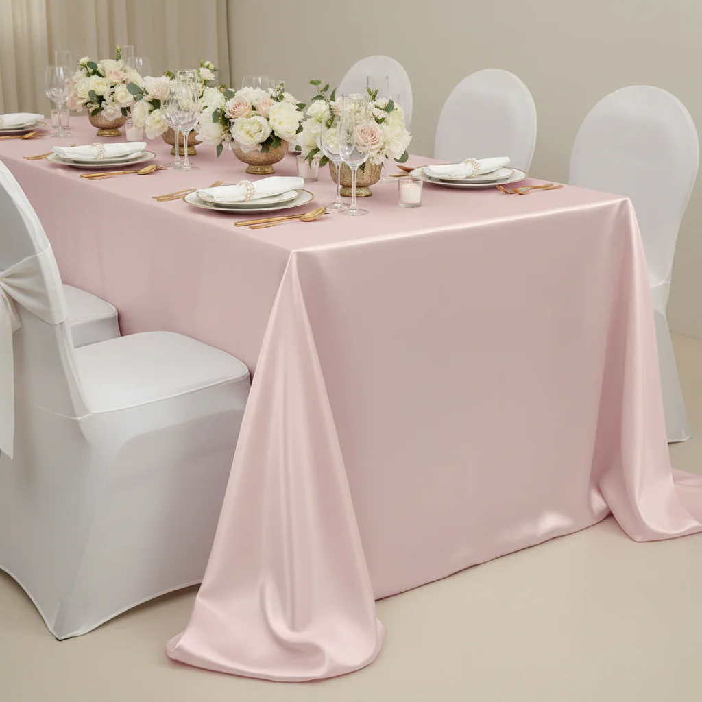 Satin Rectangular 90"x132" Tablecloth - Pastel Pink - Image 3