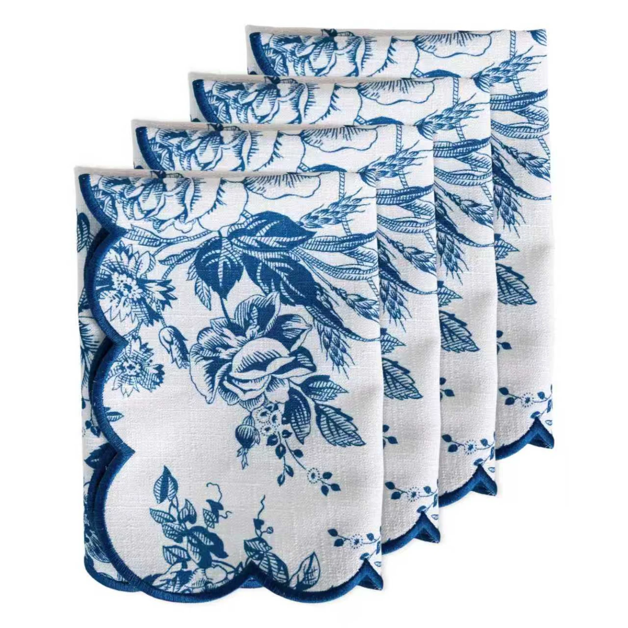 4 pcs/pk French Toile 20"x20" Scalloped Edge Napkins - Blue