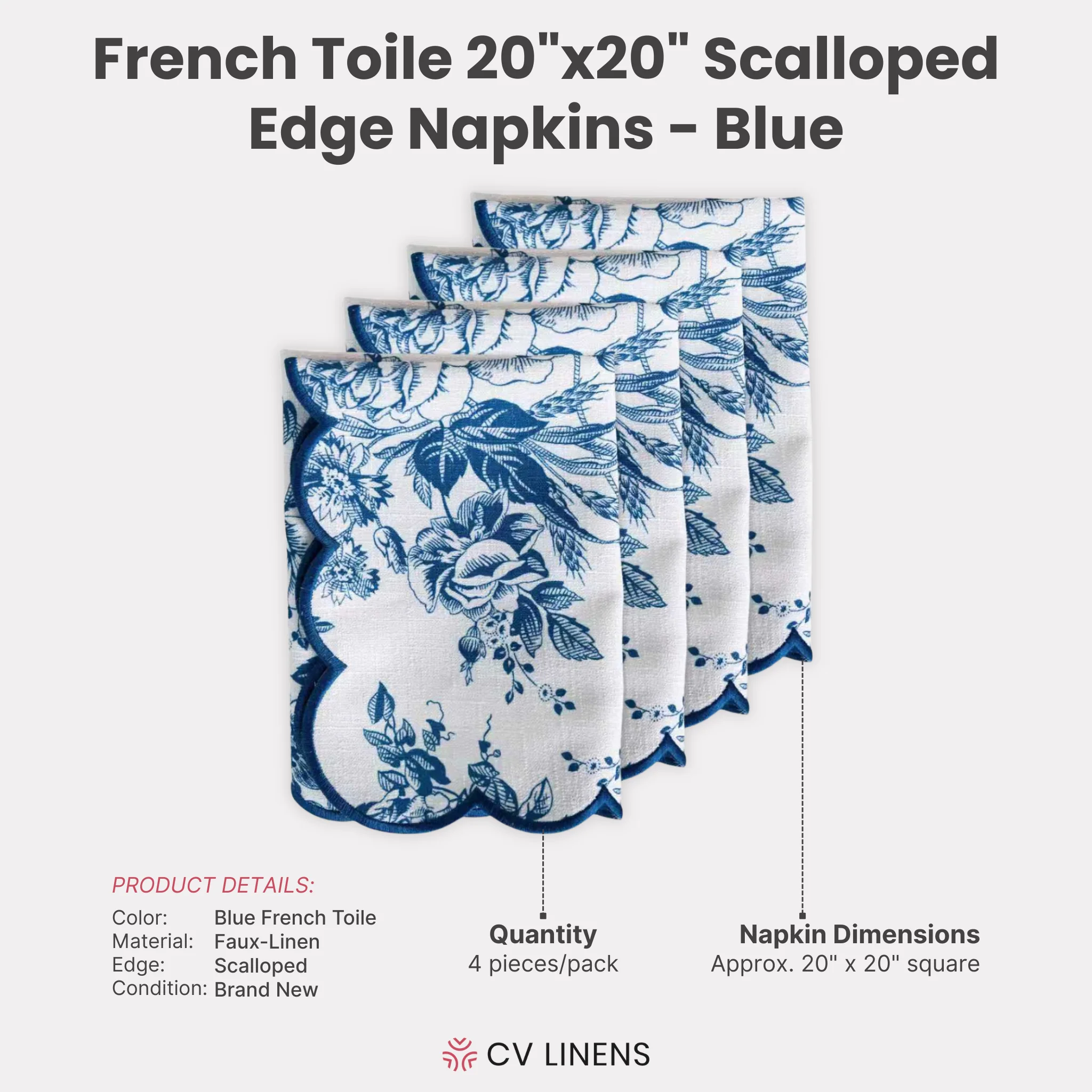 4 pcs/pk French Toile 20"x20" Scalloped Edge Napkins - Blue - Image 4