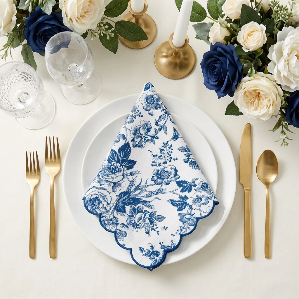 4 pcs/pk French Toile 20"x20" Scalloped Edge Napkins - Blue - Image 5