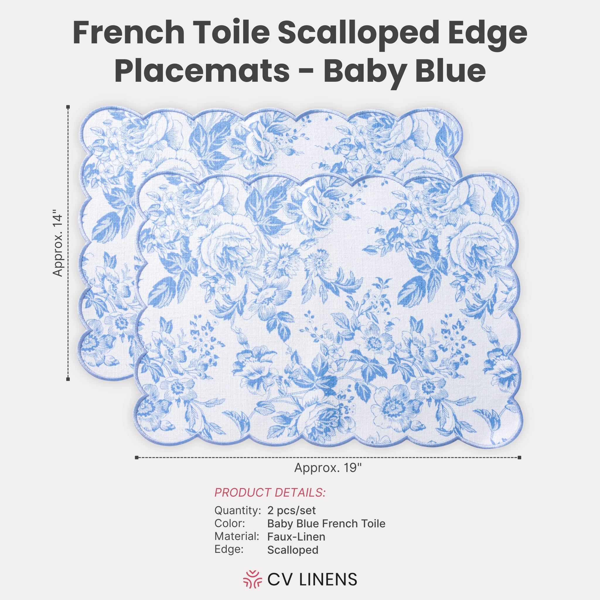 2 pcs/set French Toile Scalloped Edge Placemats - Baby Blue - Image 4