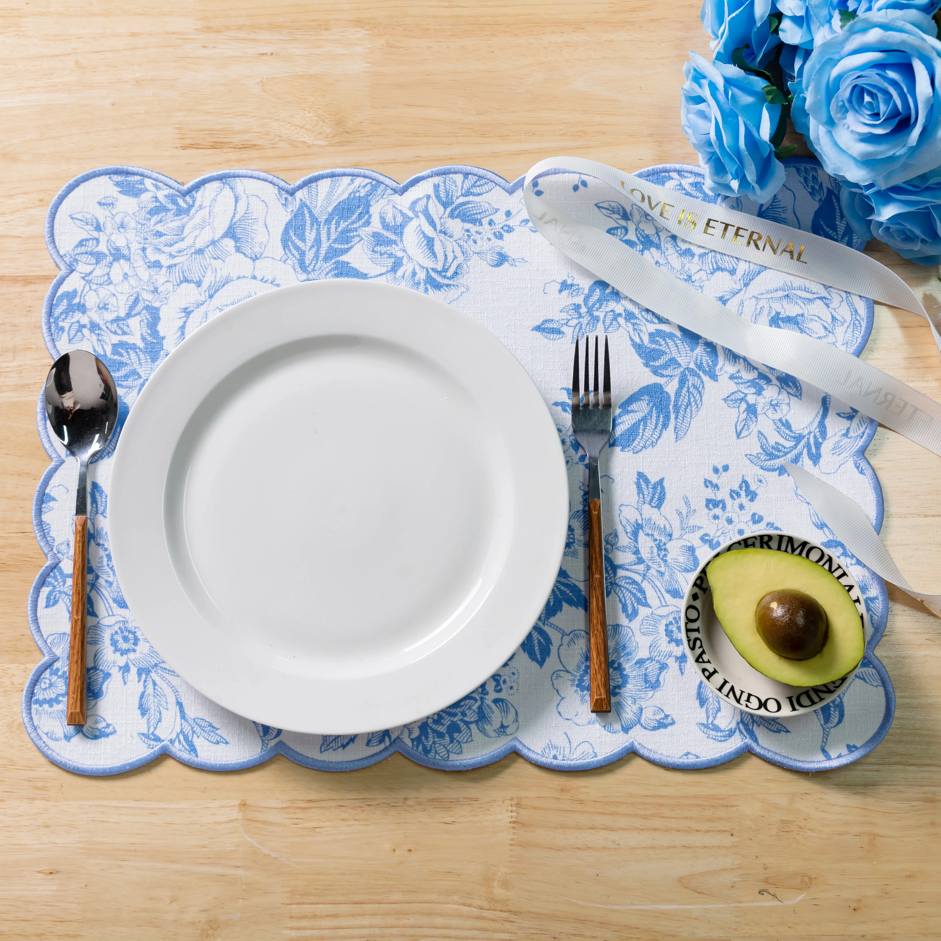 2 pcs/set French Toile Scalloped Edge Placemats - Baby Blue - Image 6