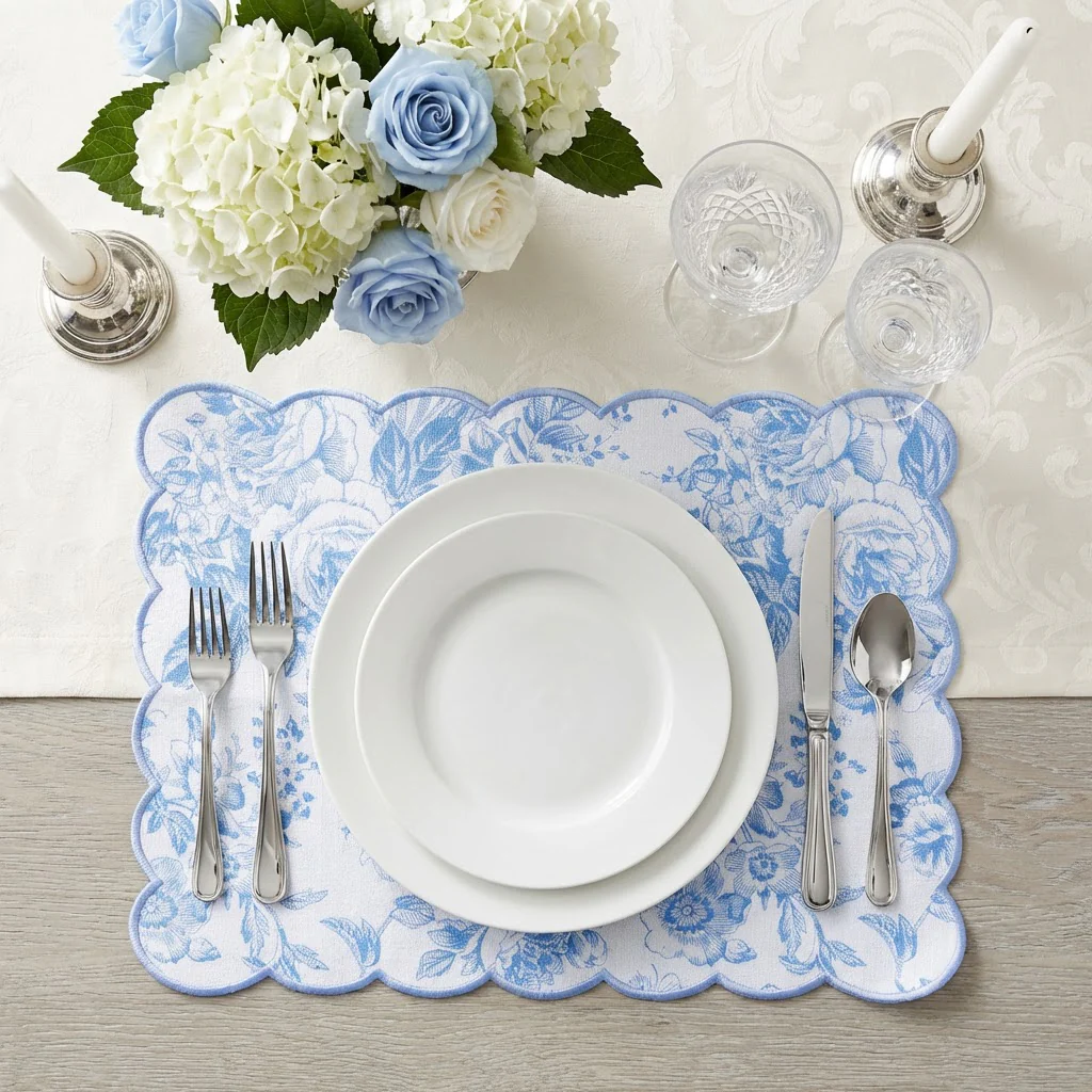 2 pcs/set French Toile Scalloped Edge Placemats - Baby Blue - Image 9