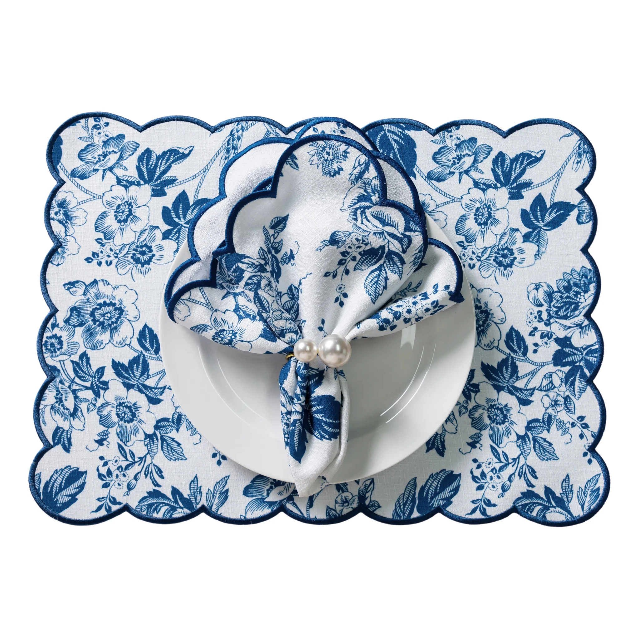 2 pcs/set French Toile Scalloped Edge Placemats - Blue - Image 12