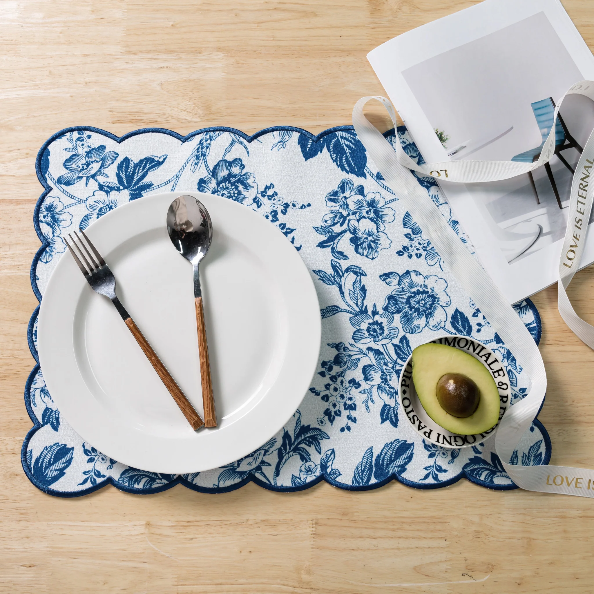 2 pcs/set French Toile Scalloped Edge Placemats - Blue - Image 13