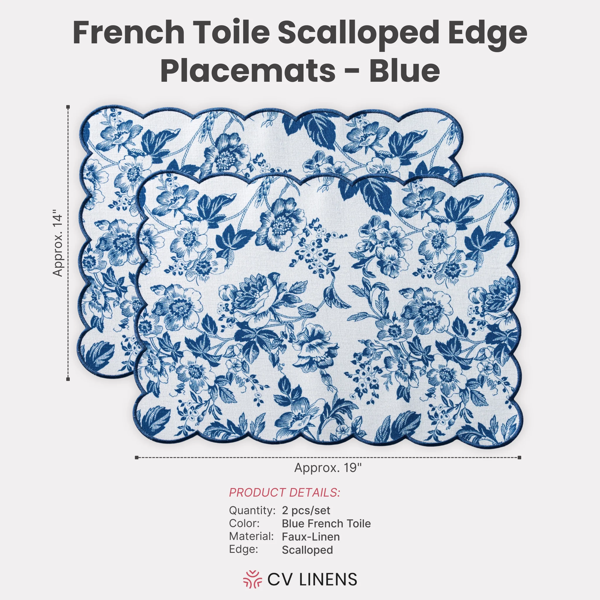 2 pcs/set French Toile Scalloped Edge Placemats - Blue - Image 4