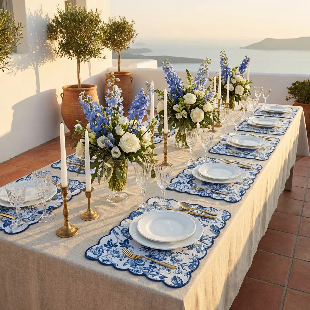 2 pcs/set French Toile Scalloped Edge Placemats - Blue - Image 5