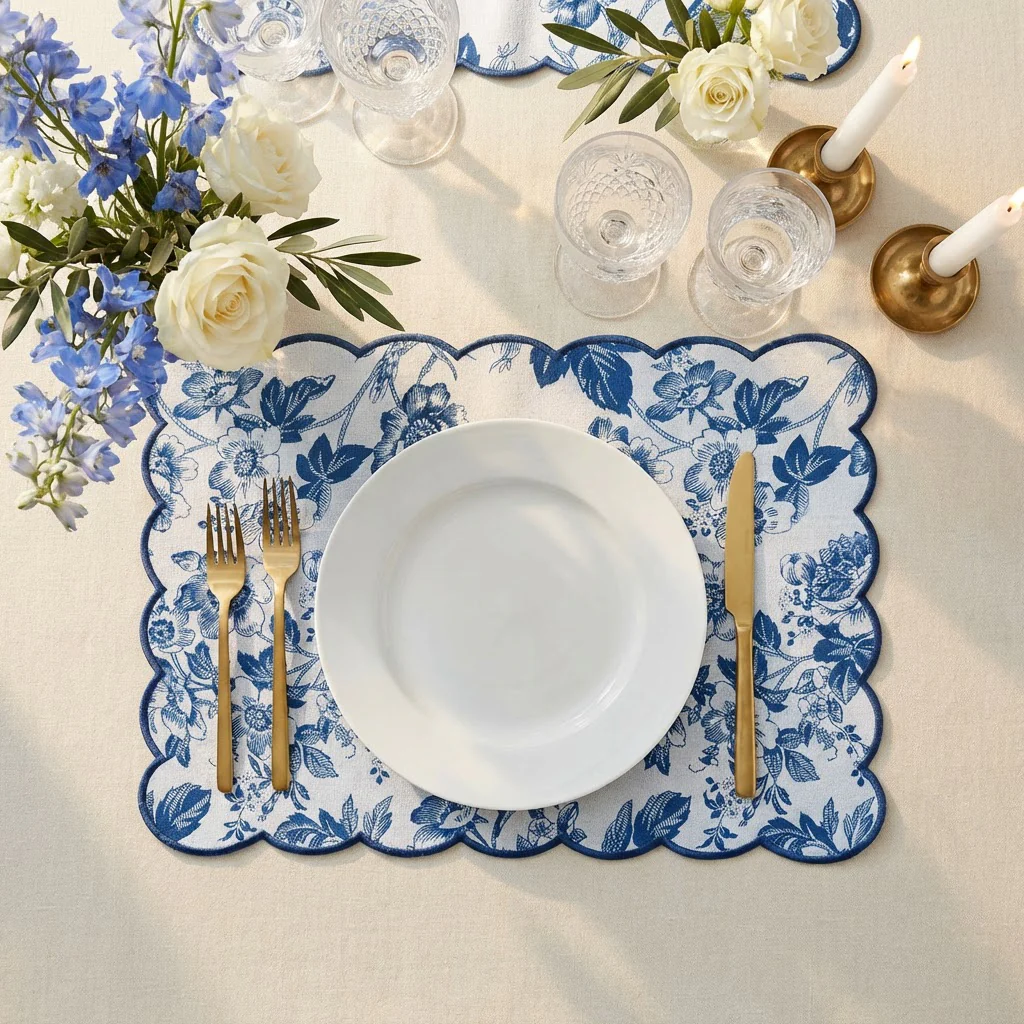 2 pcs/set French Toile Scalloped Edge Placemats - Blue - Image 7
