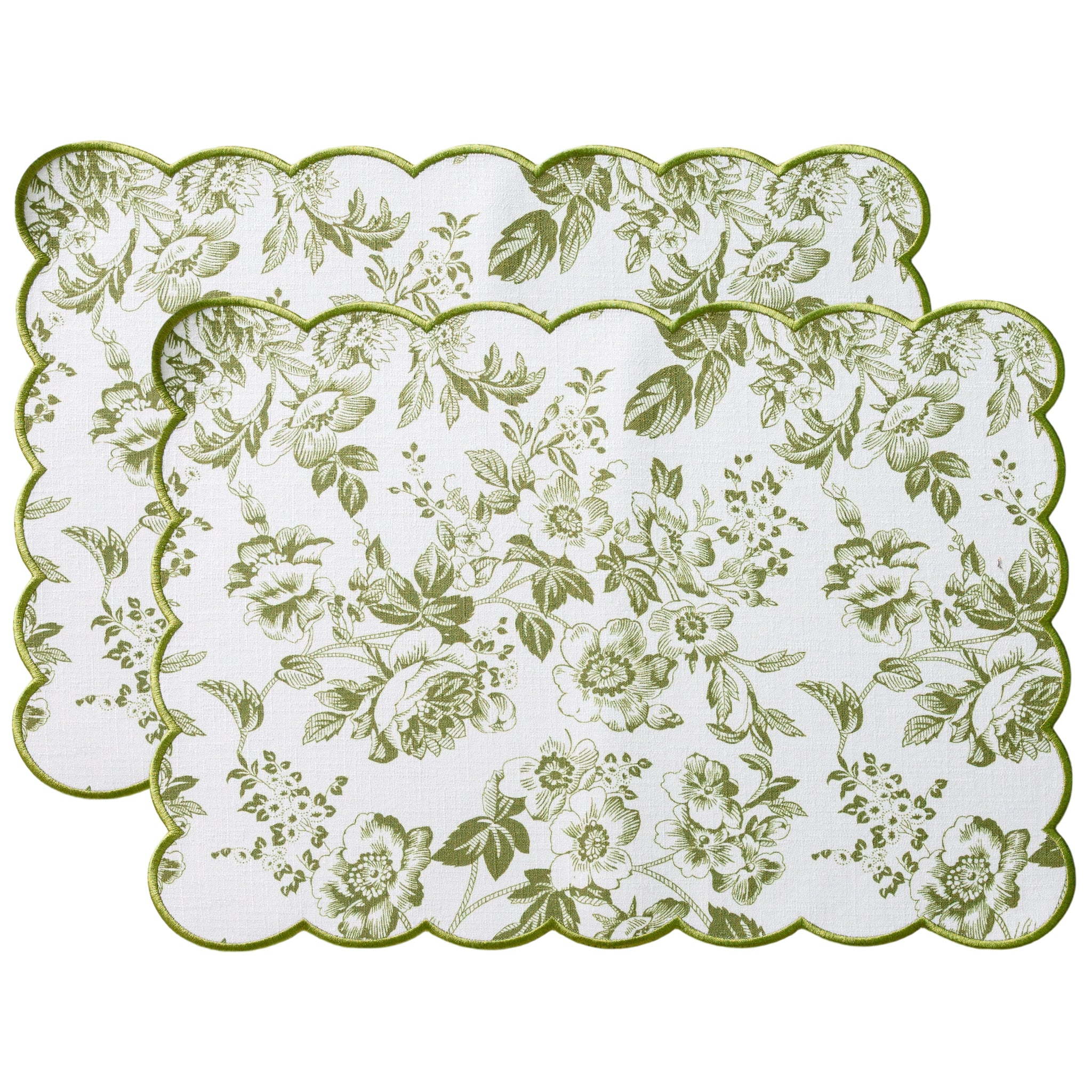 2 pcs/set French Toile Scalloped Edge Placemats - Olive Green