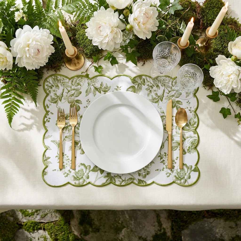 2 pcs/set French Toile Scalloped Edge Placemats - Olive Green - Image 2
