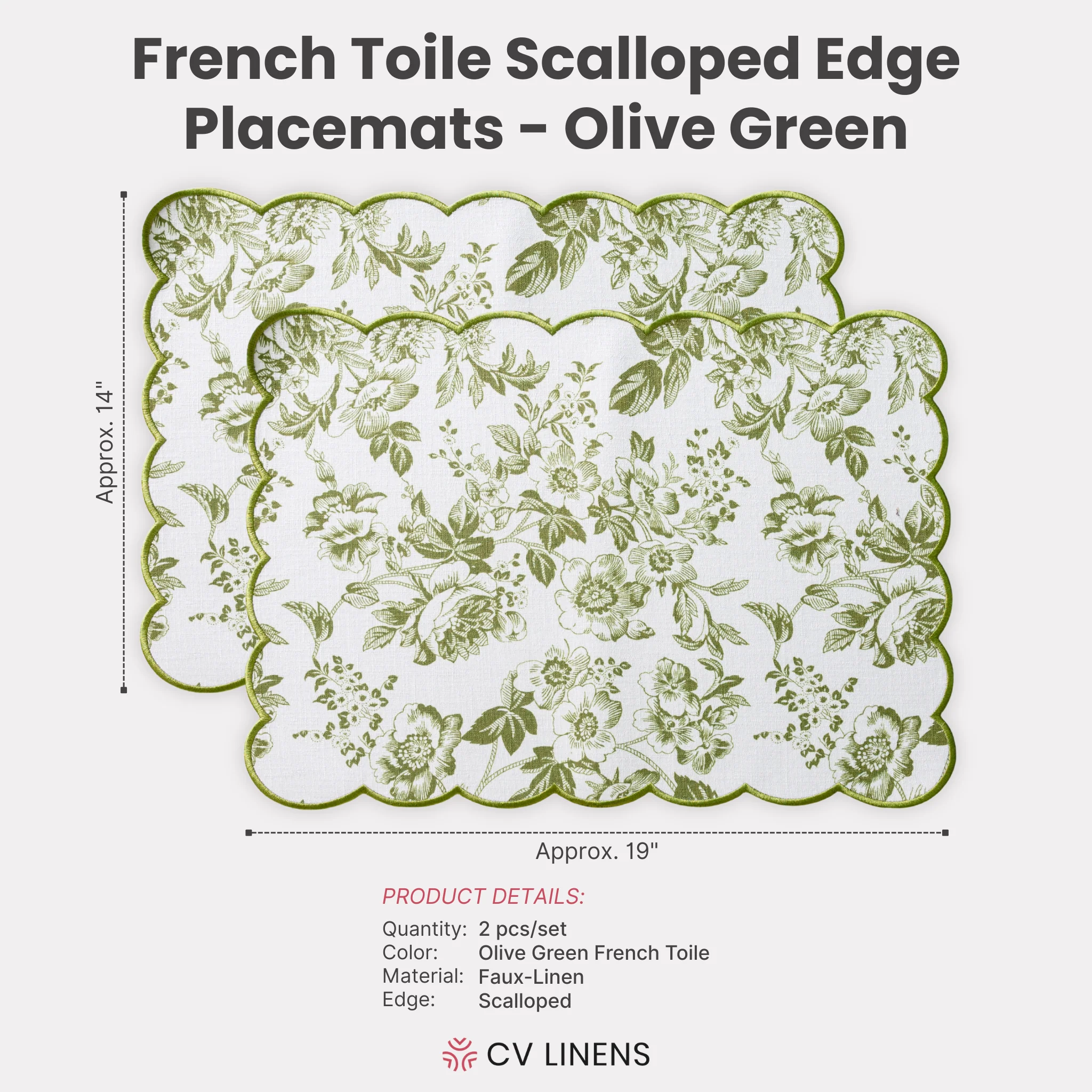 2 pcs/set French Toile Scalloped Edge Placemats - Olive Green - Image 4