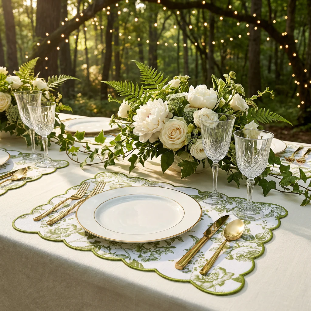 2 pcs/set French Toile Scalloped Edge Placemats - Olive Green - Image 5