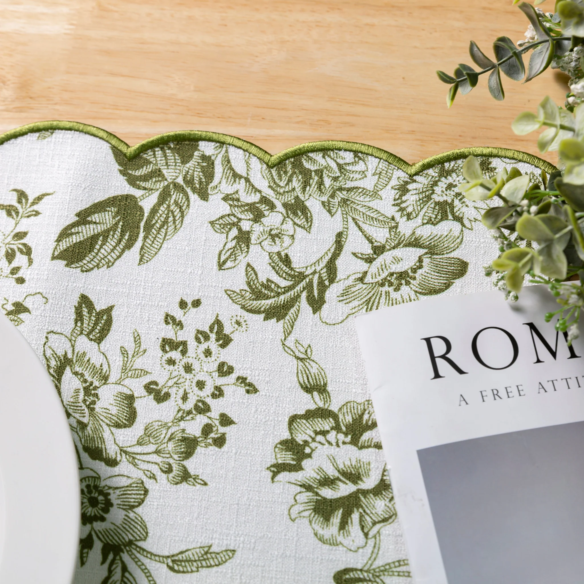 2 pcs/set French Toile Scalloped Edge Placemats - Olive Green - Image 9