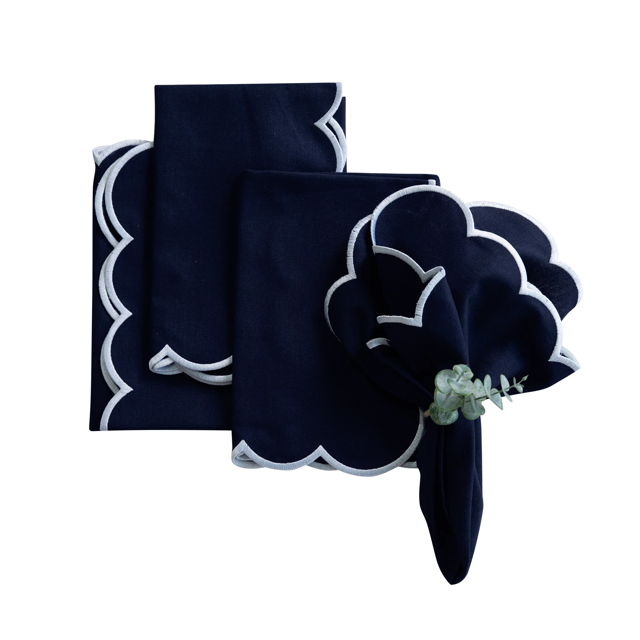 4 pc/pk Scalloped Edge Linen Napkin - Navy Blue/White Trim