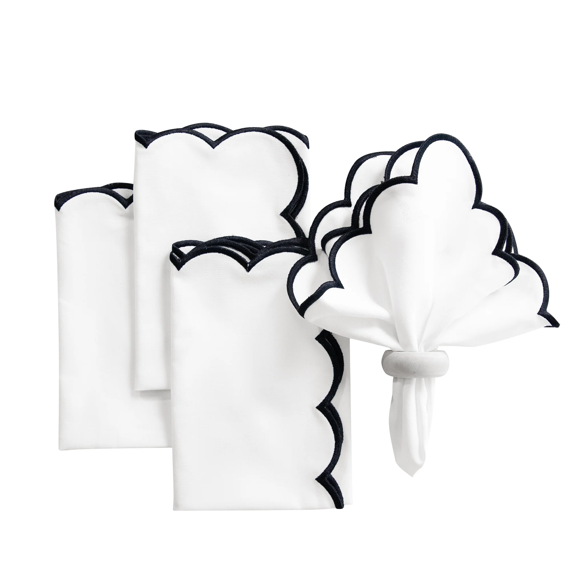 4 pc/pk Scalloped Edge Linen Napkin - White/Black Trim