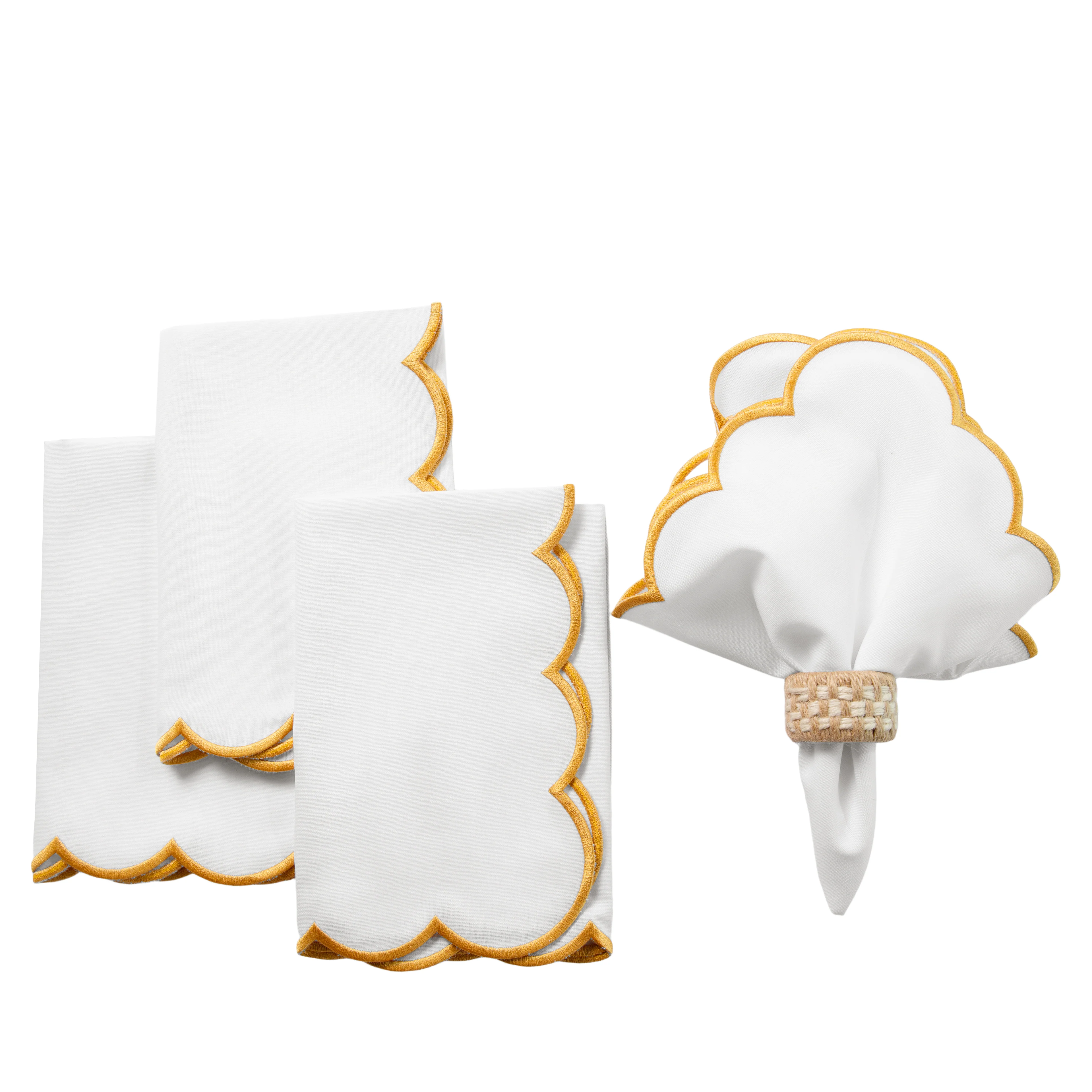 4 pc/pk Scalloped Edge Linen Napkin - White/Gold Trim