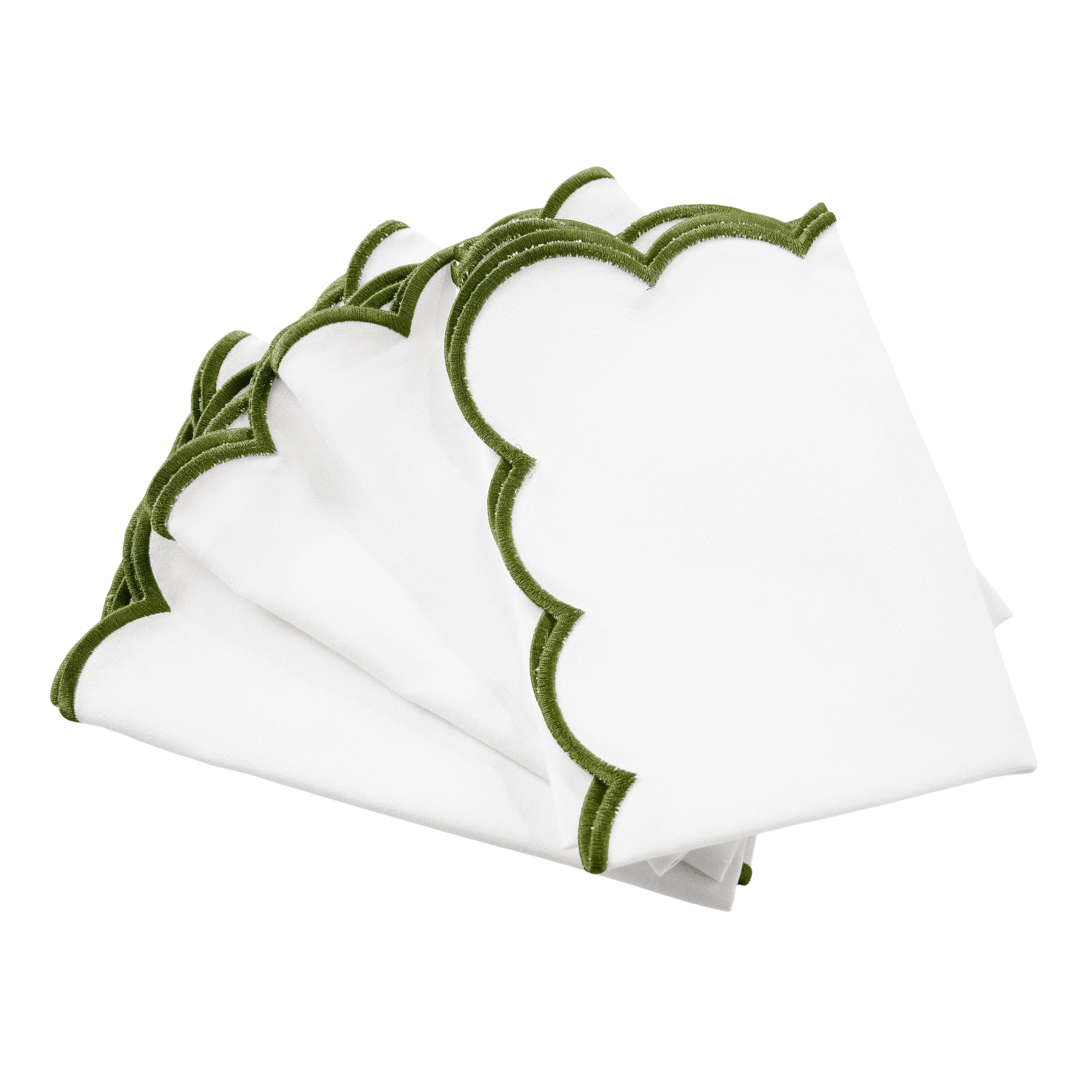 4 pc/pk Scalloped Edge Linen Napkin - White/Olive Green Trim - Image 3