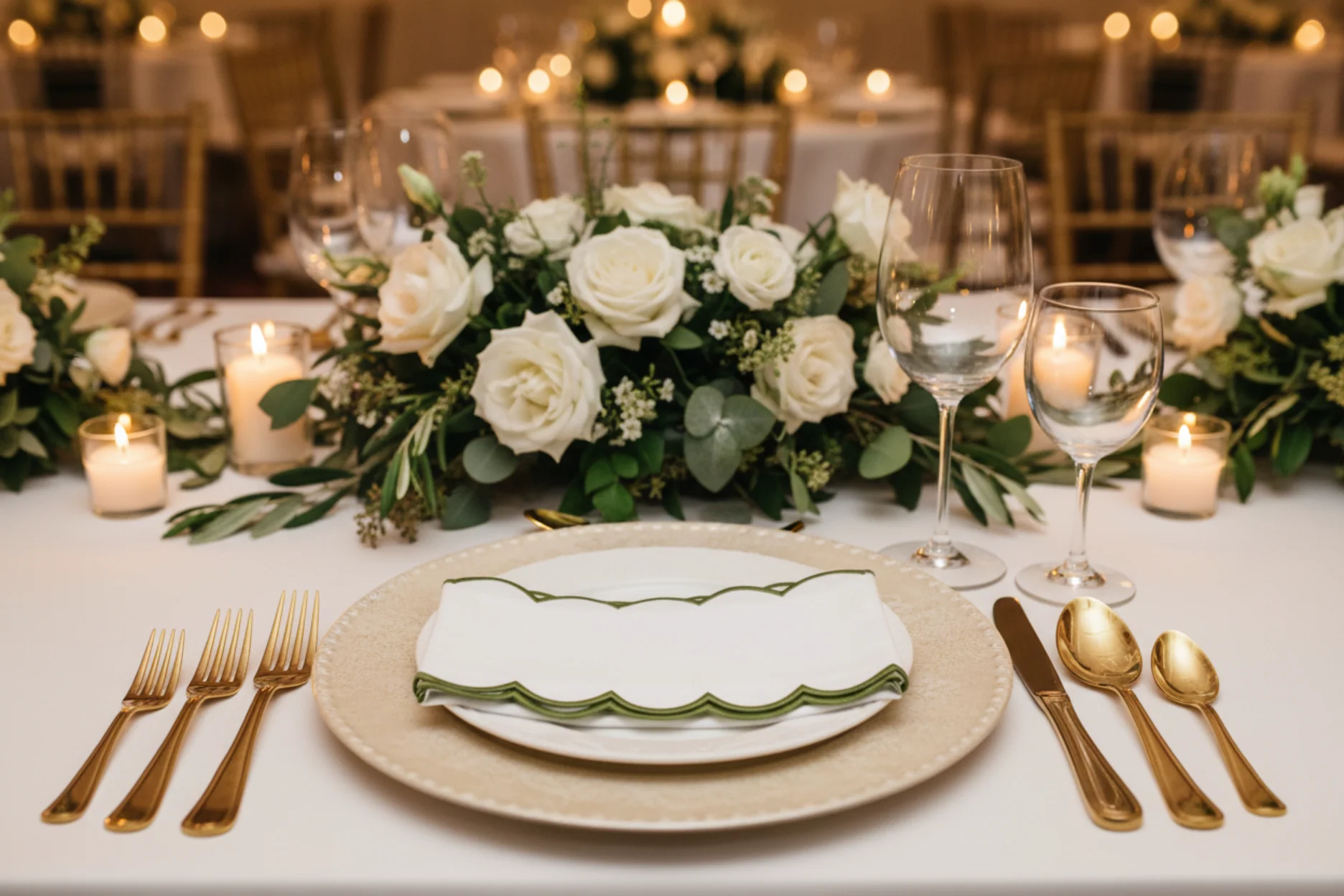 4 pc/pk Scalloped Edge Linen Napkin - White/Olive Green Trim - Image 8
