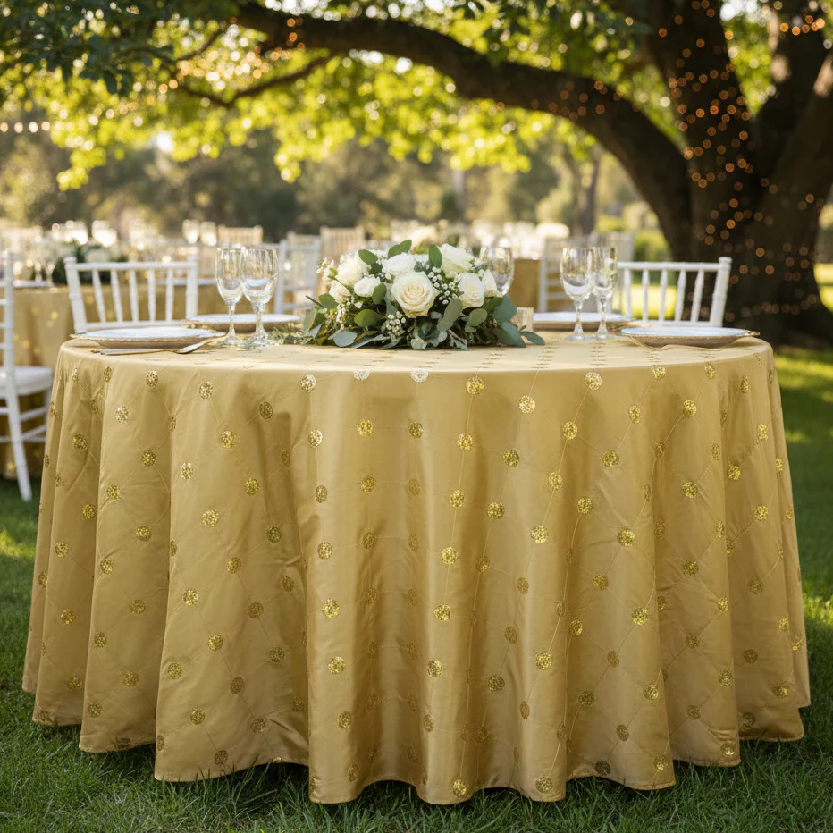 Sequin Embroidery Taffeta 120" Round Tablecloth - Gold - Image 4