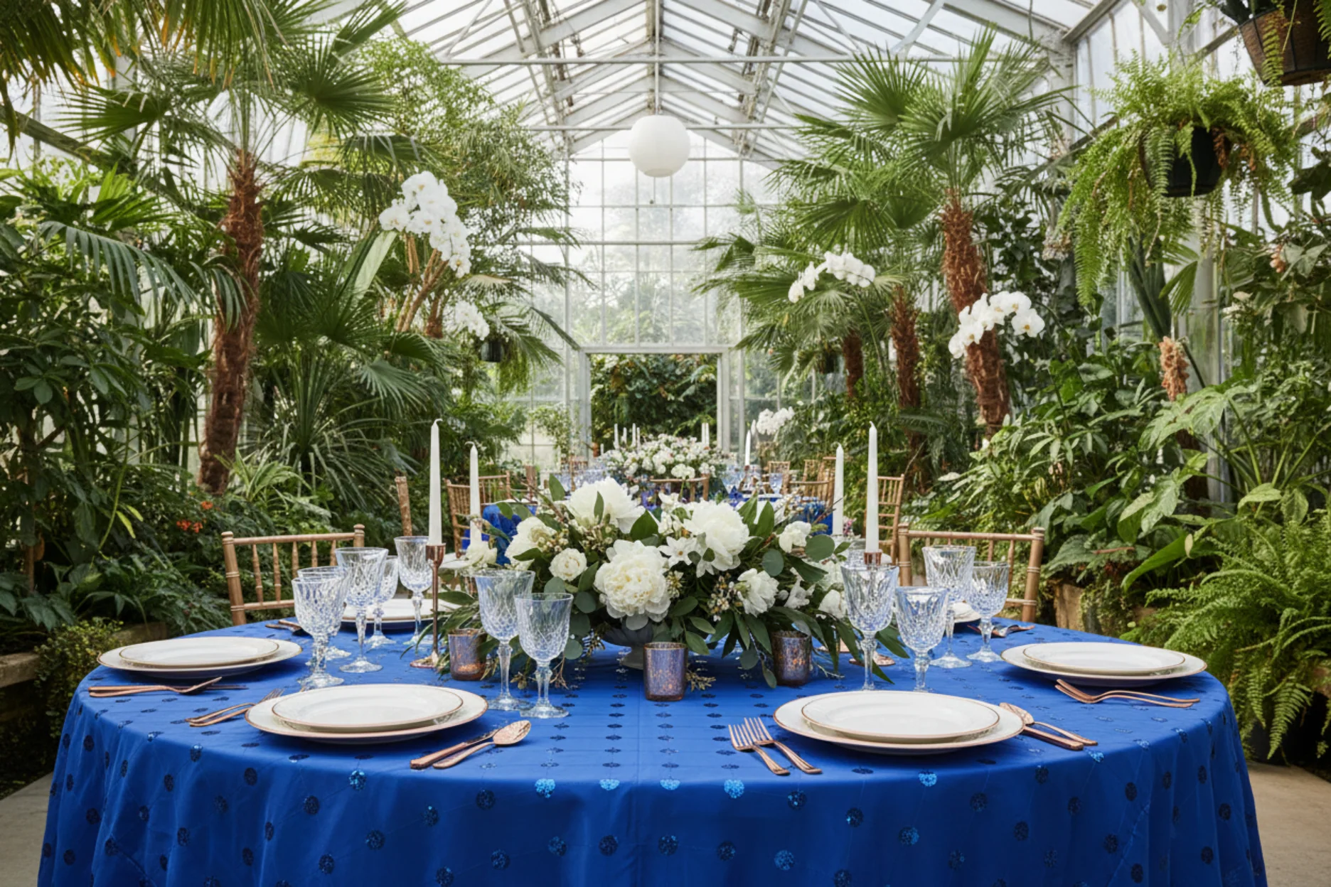 Sequin Embroidery Taffeta 120" Round Tablecloth - Royal Blue - Image 4