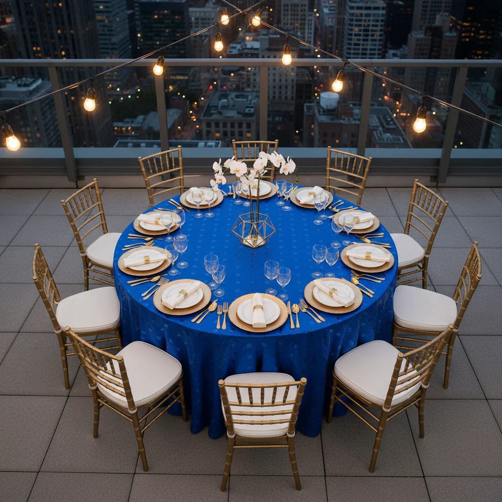Sequin Embroidery Taffeta 120" Round Tablecloth - Royal Blue - Image 5