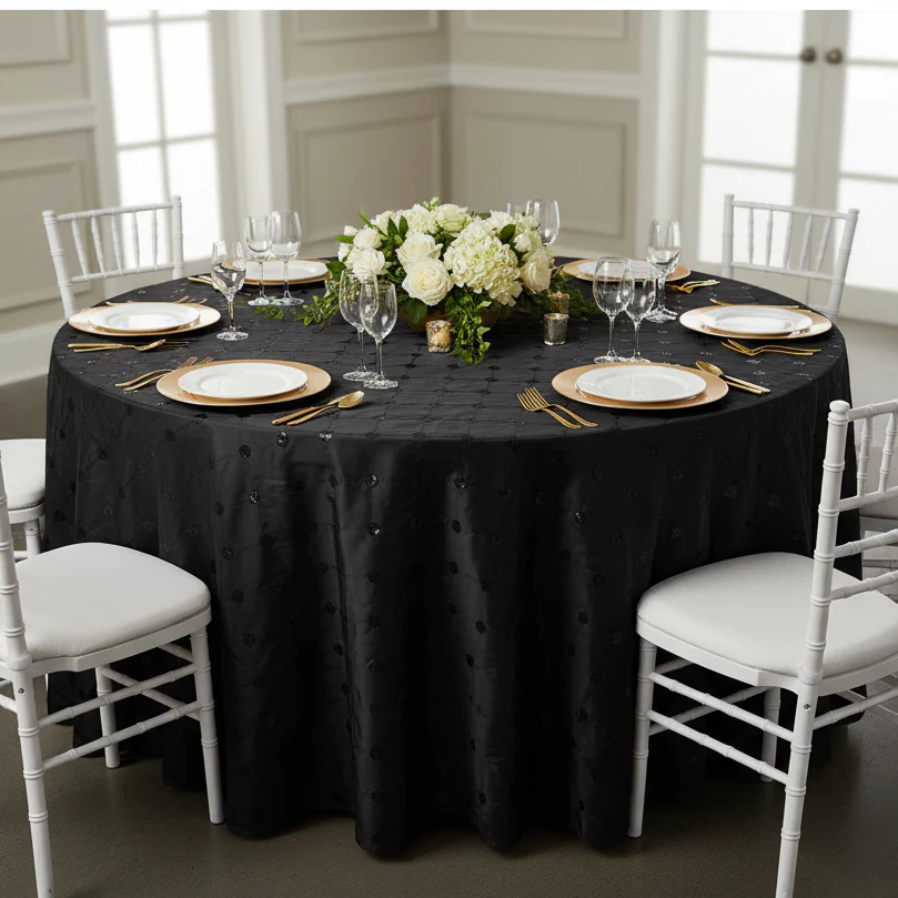 Sequin Embroidery Taffeta 132" Round Tablecloth - Black - Image 3