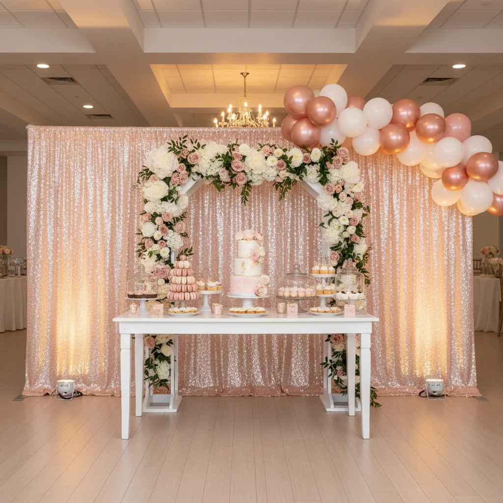 Glitz Sequin Mesh Net 10ft H x 52" W Drape/Backdrop panel - Blush/Rose Gold - Image 2