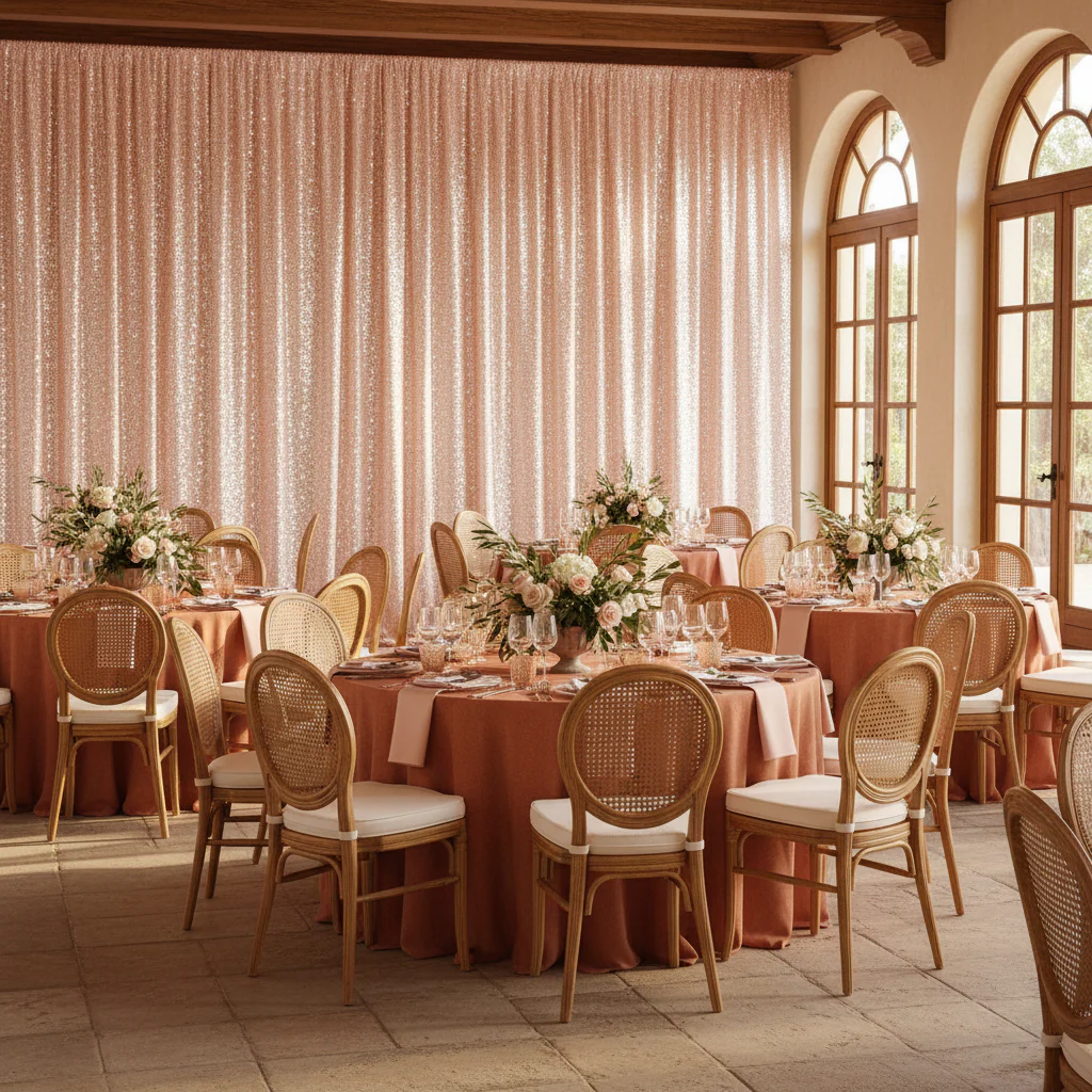 Glitz Sequin Mesh Net 10ft H x 52" W Drape/Backdrop panel - Blush/Rose Gold - Image 3