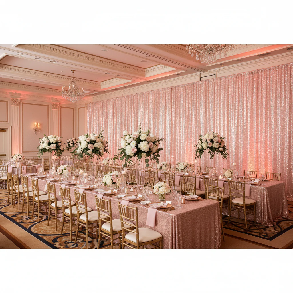 Glitz Sequin Mesh Net 10ft H x 52" W Drape/Backdrop panel - Blush/Rose Gold - Image 4