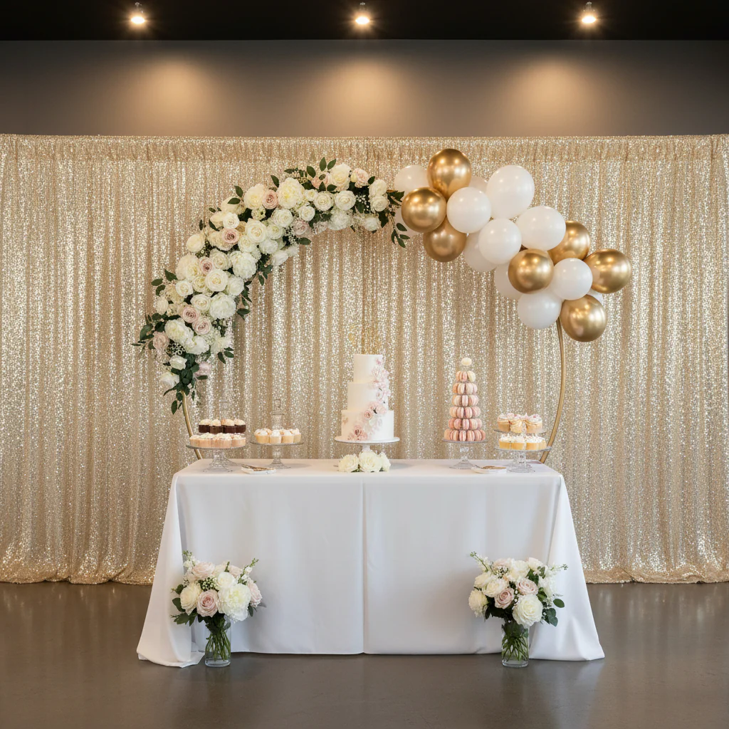 Glitz Sequin Mesh Net 10ft H x 52" W Drape/Backdrop panel - Champagne - Image 2