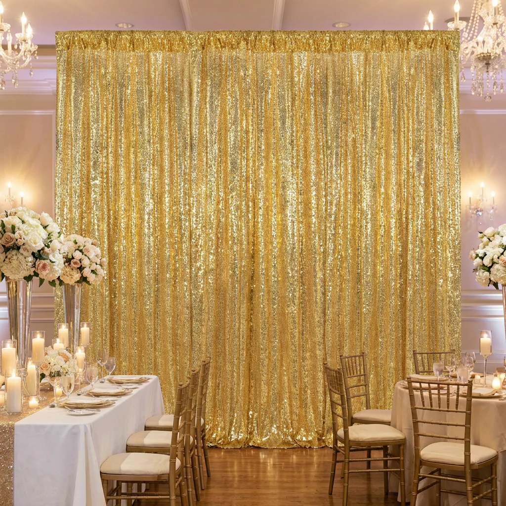 Glitz Sequin Mesh Net 10ft H x 52" W Drape/Backdrop panel - Gold - Image 2