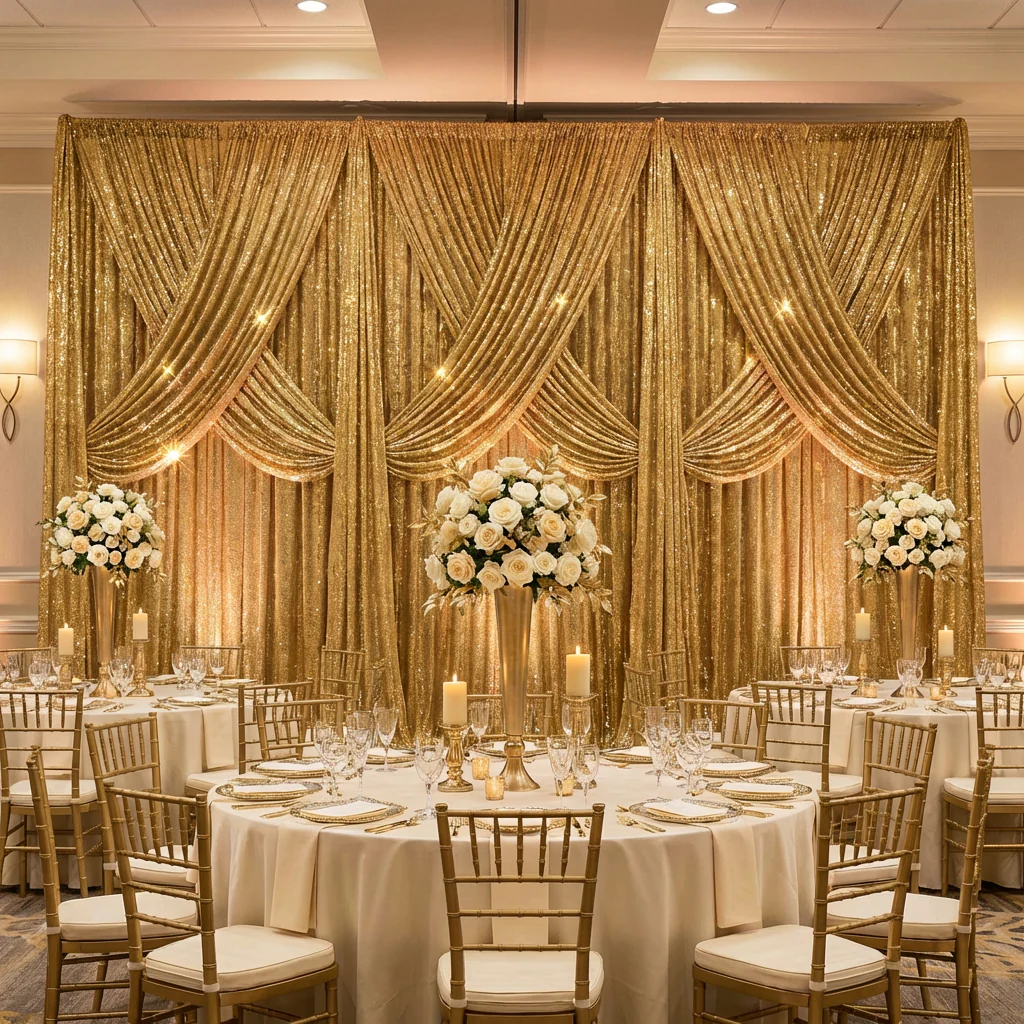Glitz Sequin Mesh Net 10ft H x 52" W Drape/Backdrop panel - Gold - Image 3