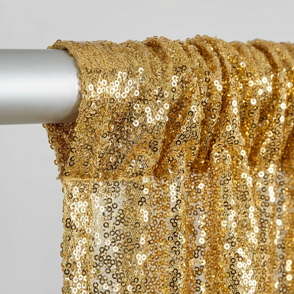 Glitz Sequin Mesh Net 10ft H x 52" W Drape/Backdrop panel - Gold - Image 4