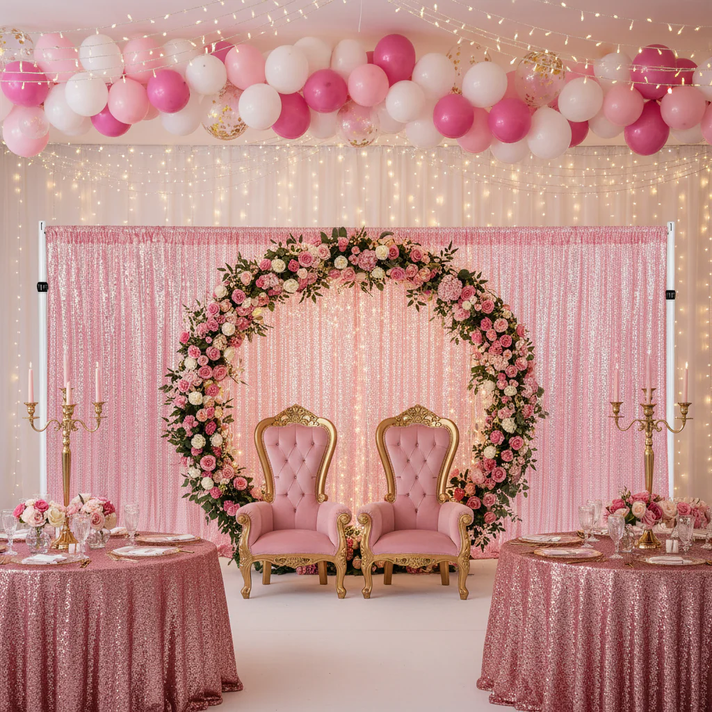 Glitz Sequin Mesh Net 10ft H x 52" W Drape/Backdrop panel - Pink - Image 2