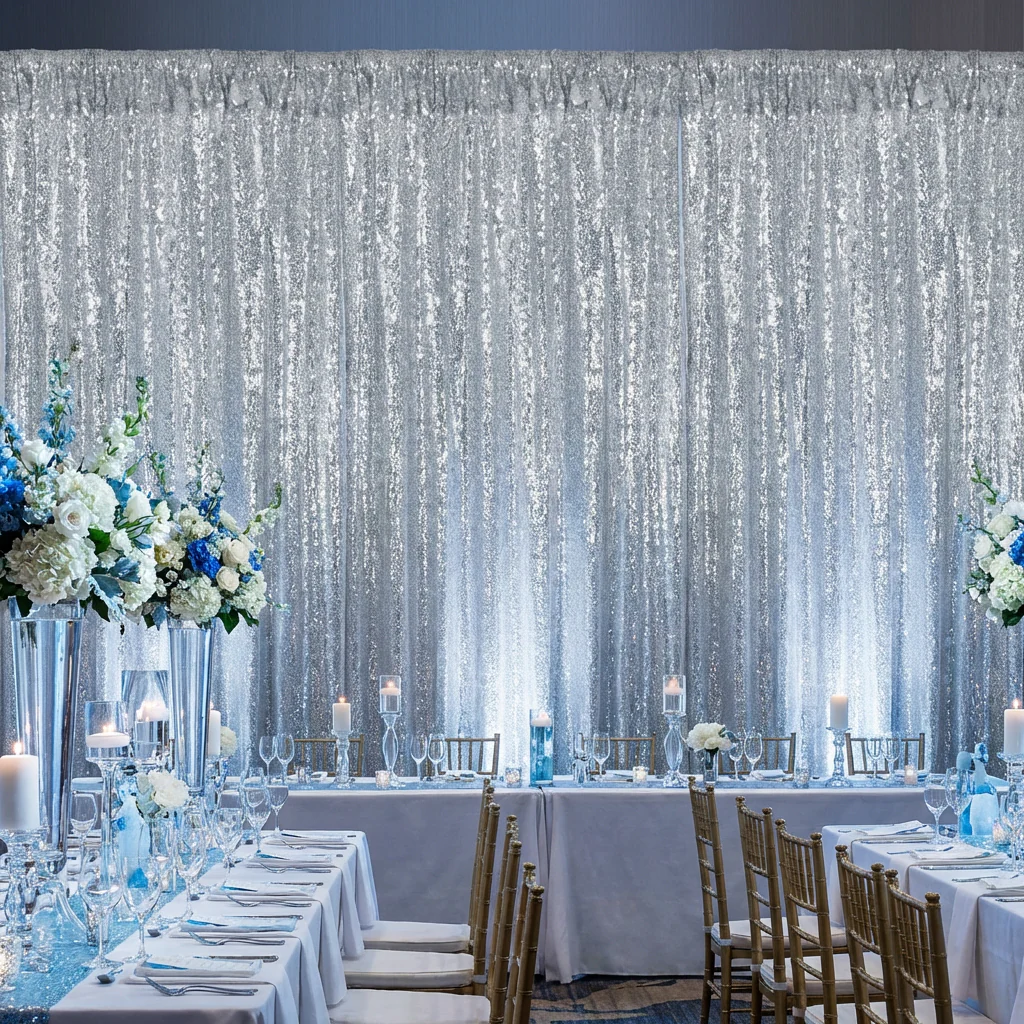 Glitz Sequin Mesh Net 10ft H x 52" W Drape/Backdrop panel - Silver - Image 2
