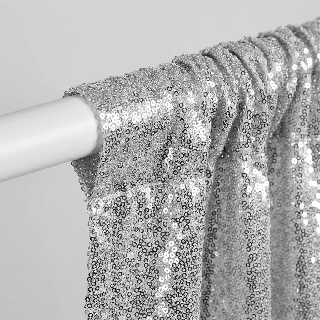 Glitz Sequin Mesh Net 10ft H x 52" W Drape/Backdrop panel - Silver - Image 4