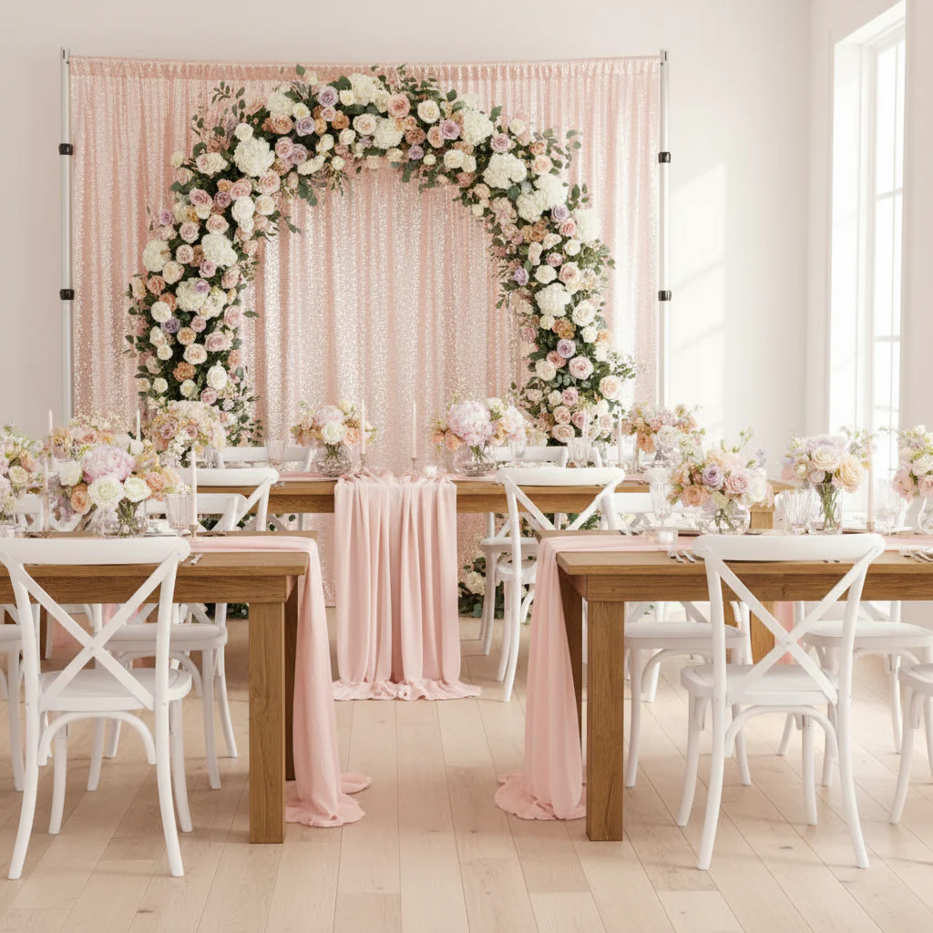 Glitz Sequin Mesh Net 12ft H x 52" W Drape/Backdrop panel - Blush/Rose Gold - Image 2