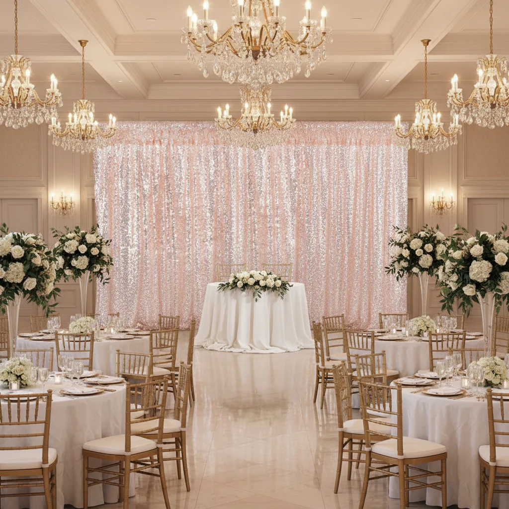 Glitz Sequin Mesh Net 12ft H x 52" W Drape/Backdrop panel - Blush/Rose Gold - Image 3