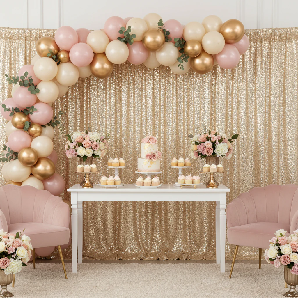 Glitz Sequin Mesh Net 12ft H x 52" W Drape/Backdrop panel - Champagne - Image 2