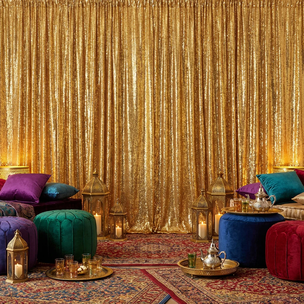 Glitz Sequin Mesh Net 12ft H x 52" W Drape/Backdrop panel - Gold - Image 2