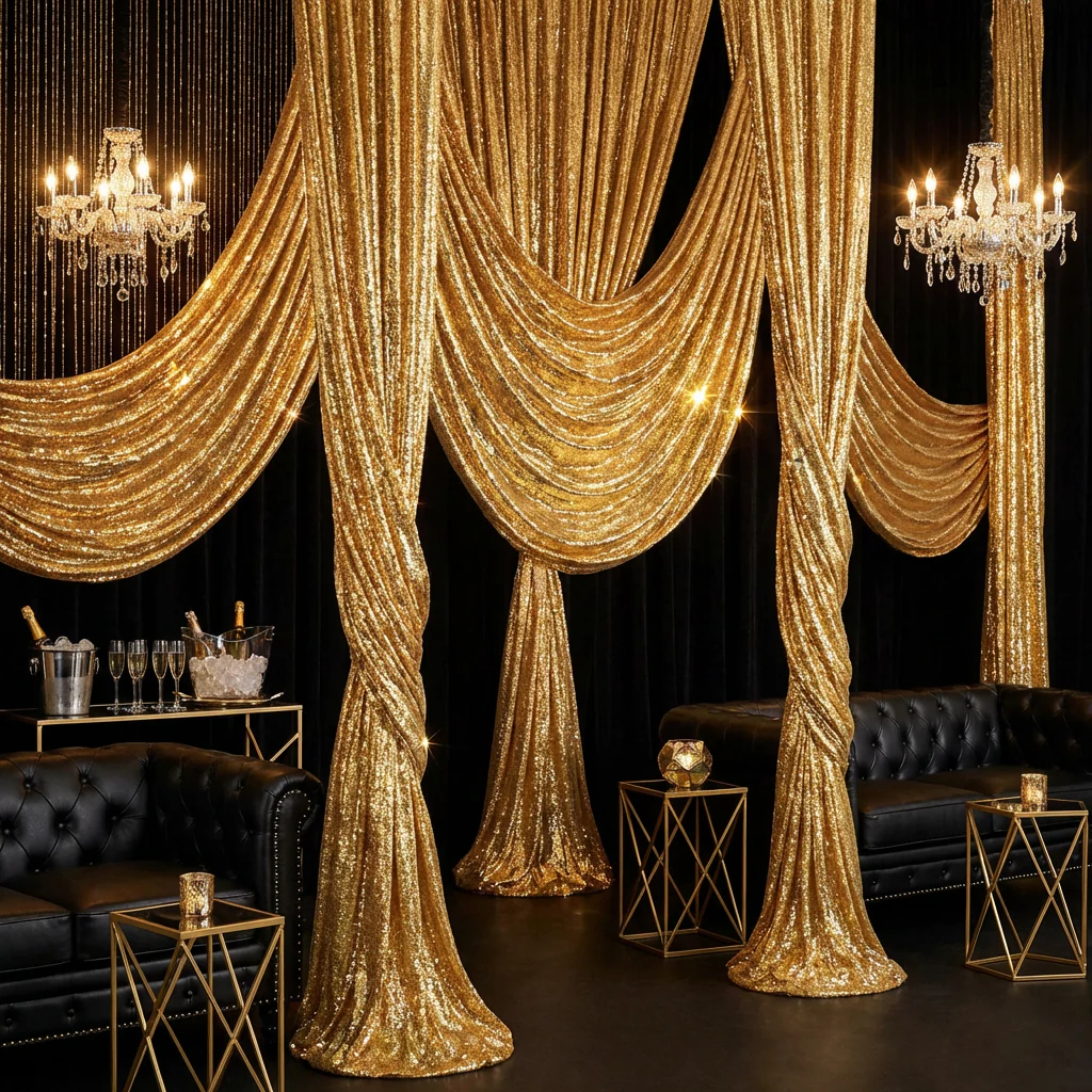 Glitz Sequin Mesh Net 12ft H x 52" W Drape/Backdrop panel - Gold - Image 3