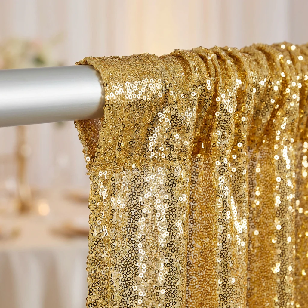 Glitz Sequin Mesh Net 12ft H x 52" W Drape/Backdrop panel - Gold - Image 4