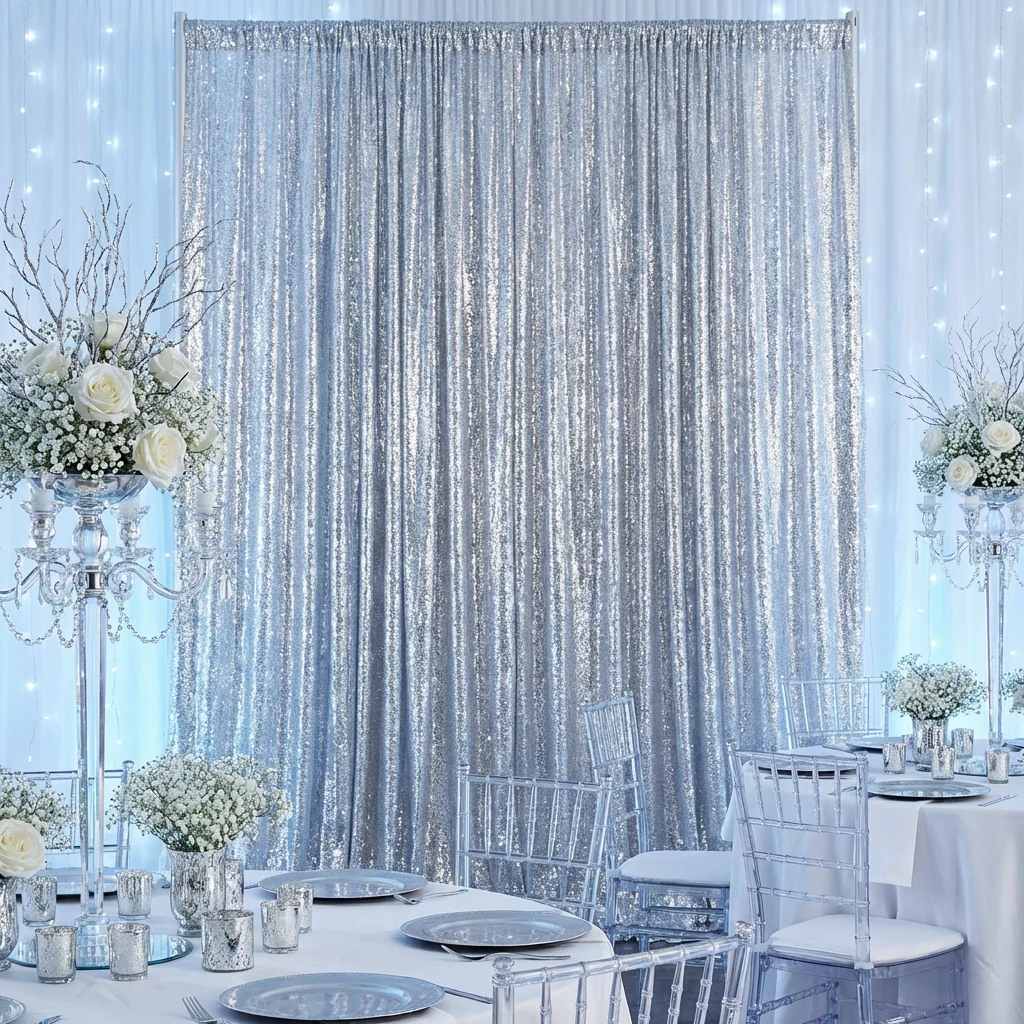 Glitz Sequin Mesh Net 12ft H x 52" W Drape/Backdrop panel - Silver - Image 2