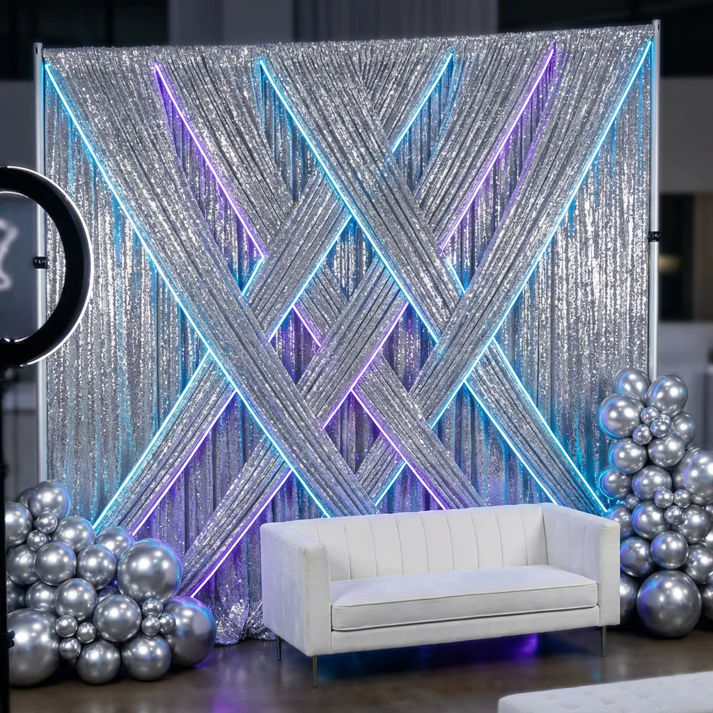 Glitz Sequin Mesh Net 12ft H x 52" W Drape/Backdrop panel - Silver - Image 3