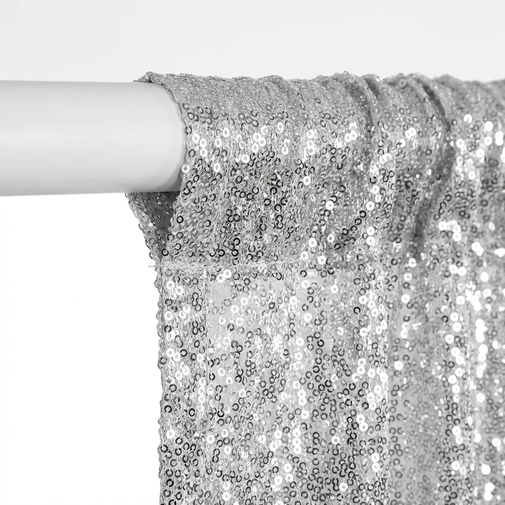 Glitz Sequin Mesh Net 12ft H x 52" W Drape/Backdrop panel - Silver - Image 4