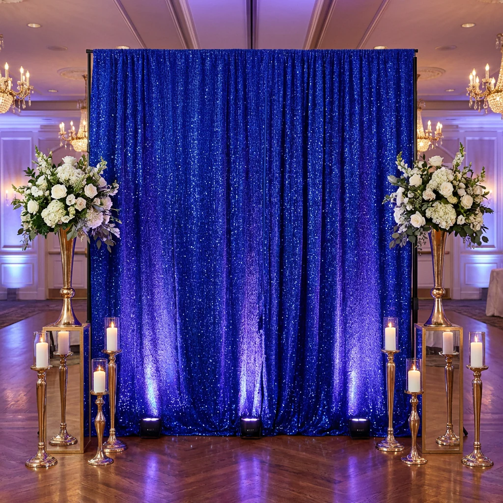 Sequin Velvet 10ft H x 52" W Drape/Backdrop Curtain Panel - Royal Blue - Image 2