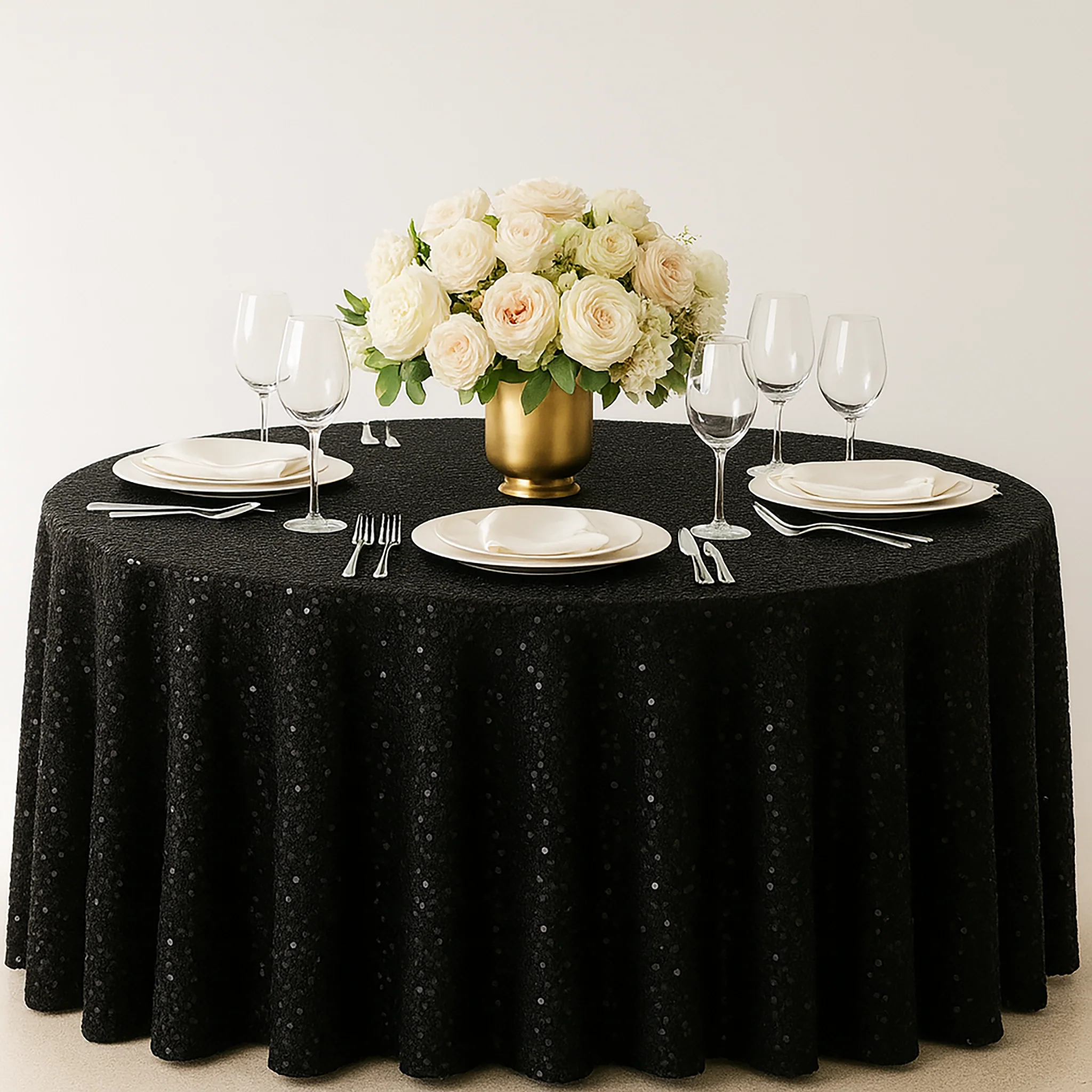 Sequin Velvet 120" Round Tablecloth - Black - Image 2